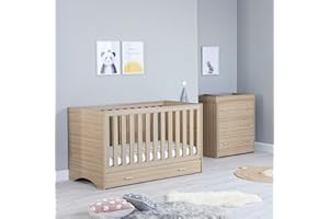 Babymore Veni 2 Piece Nursery Room Set with Drawer Oak - 1 Drawer Under Baby Cot Bed & 1 Chest Changer With 3 Double Handle Drawers, Wooden Chest Changer Storage Cabinet | 2 Piece Room Furniture