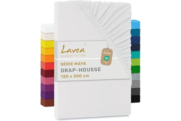 Lavea® Drap-Housse 120x190/200 cm – Coton 100% Doux et Respirant – pour Matelas Épais Jusqu’à 20 cm – Jersey avec Élastique Tout Autour – Blanc