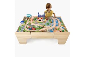 HOOGA PLAYROOM Hooga Wooden Kids Activity Table, 80 Piece Train Playset Including Wooden Track and Bridges, 3-in-1 Multi Usage Kids Playtable With Storage Drawer (80 PCS, 92 x 60 x 40 cm)