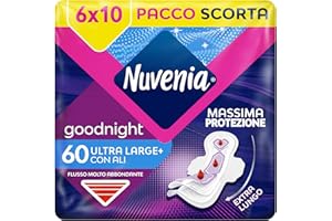 NUVENIA Ultra Notte Ali 60 Assorbenti, 6 Confezioni da 10 Assorbenti, Maxi Scorta per Comfort e Protezione, Flussi molto Abbondanti