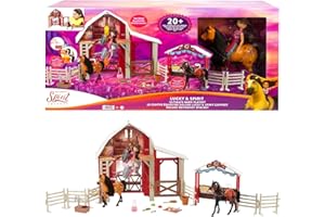 DREAMWORKS SPIRIT Mustang: Duch wolności Stajnia Duży zestaw + lalka i 2 konie Zestaw do zabawy z lalką Lucky (ok 17,5 cm), figurką konia Ducha (ok 20 cm) ze zmianą koloru, dla dzieci od 3 roku życia, HDK57