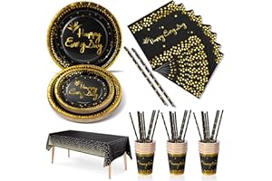 Nkaiso 126pcs Noir Or Party Vaisselle,Happy Everyday Decoration fête Anniversaire Kit,Papier Assiette Papier Tasse Serviette Pailles Nappe,en Mariages Baby Shower Noël, 25 invités