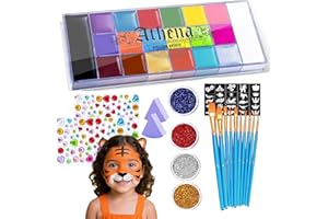 Ajuanbazha Palette Maquillage Enfant, 20 Couleurs Peinture Visage Lavable et HypoallergÉNique, Kit Maquillage avec Pinceaux, Pochoirs et Strass – Idéal pour Carnaval, Halloween, Anniversaire et FÊTes