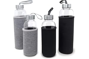 Nerthus Fih 649 Bouteille en Verre Gris 400 Ml, Étui en Néoprène, Verre, Flacon Réutilisable, sans Bpa