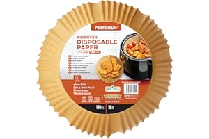 PORTENTUM Air Fryer Liners 100PCS Disposable, Unbleached and Greaseproof. Suitable from 3.5 to 6 liters. Food-Grade Use Baking Paper BPA Free, FDA, and LFGB Certified, Brown