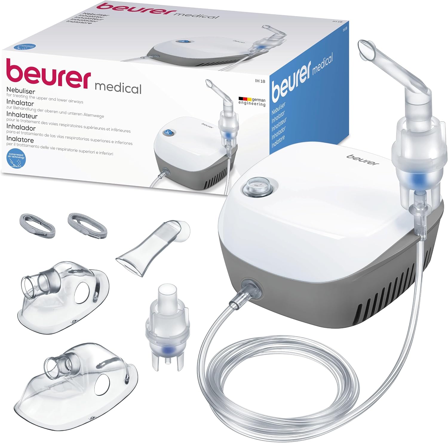 Beurer IH 18 Nébuliseur pour rhumes et maladies respiratoires telles que l'asthme et la BPCO, pour la nébulisation de médicaments, nébuliseur pour adultes et enfants, design en blanc, compact