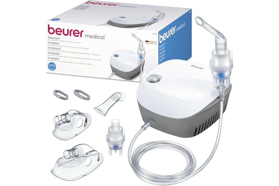 Beurer IH 18 Air Aerosol with DC Compressor for Upper and Lower Respiratory Inhalation Treatment for Adults and Children, White, Complete Accessories Set of 8