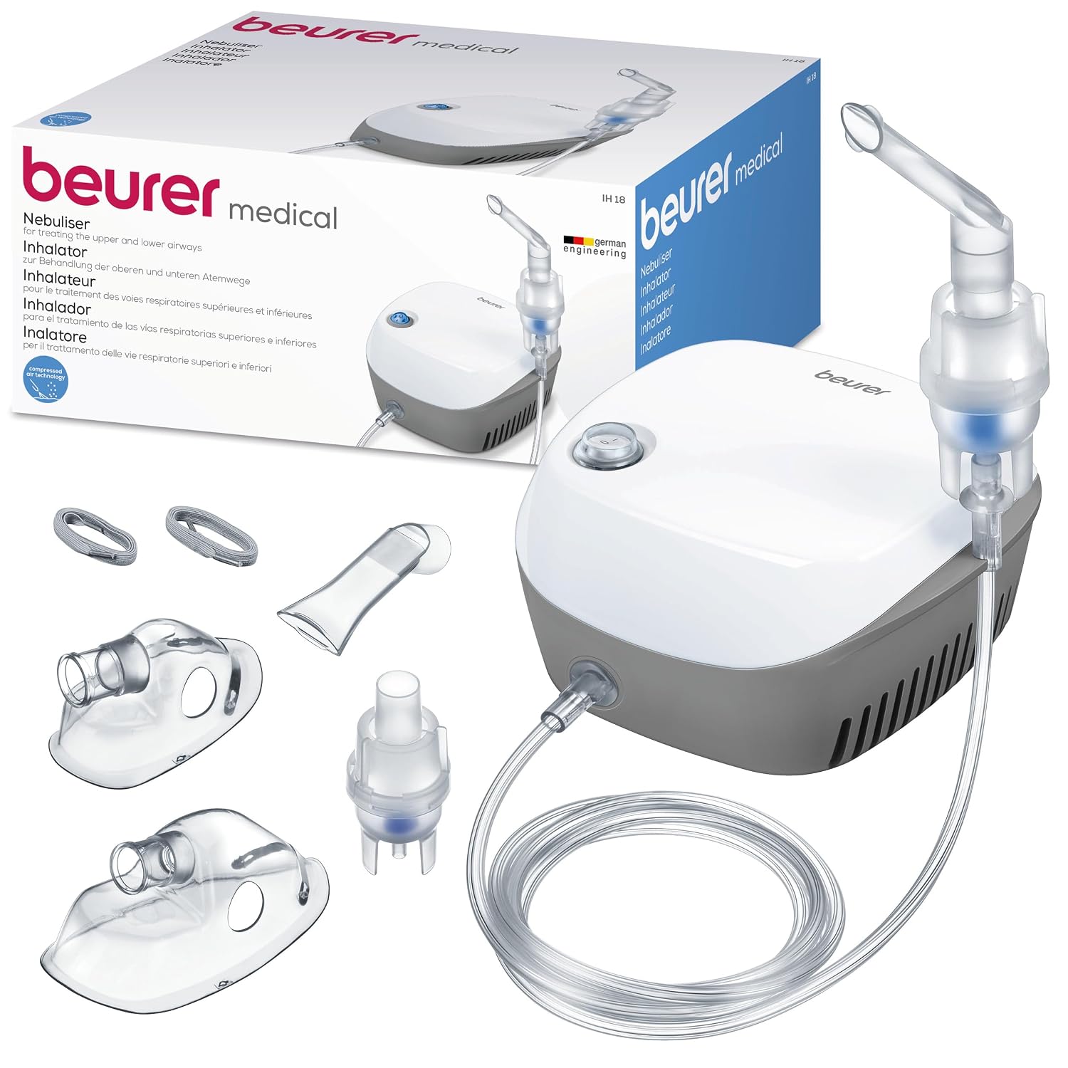 Beurer IH 18 inhalator met compressor-persluchttechnologie voor de behandeling van bovenste en onderste luchtwegen, geschikt voor volwassenen en kinderen, wit