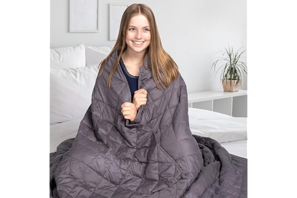 Wellax Tyngdtäcke 5 kg – 200 × 135 cm, grå bomull, 7 lager, bärväska ingår | Tungt täcke för vuxna – Yttertyg av 100 % bomull, rutformad quiltning och en bärväska för lugna stunder i soffan eller sängen