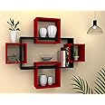 vudy Exclusively Designed Wall Shelf with 5 intersecting Decorative Living Room Shelves (Black & Red, Glossy,Engineered Wood)