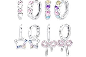 Chriscoco 4 Pairs Small Silver Hoop Earrings for Women Hypoallergenic Earrings Girls Huggie Earrings Star Heart Butterfly Cubic Zirconia Earrings Set Cartilage Earrings Purple Blue Pink