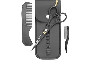 STONLI® Ciseaux à barbe et moustache de 12,7 cm avec peigne et pochette – Petits ciseaux de coiffure – Ciseaux à cheveux pour nez, oreilles et sourcils (noir)