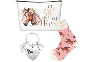 Xuniea Set de Cadeau Inspirant de 3 Pièces pour Femme Trousse à Cosmétiques Porte-Clés et Chaussettes Cadeau de Remerciement sur Thème des Animaux pour Personnel Noël Anniversaire (Style Cheval)