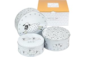 SPOTTED DOG GIFT COMPANY Set di 3 Scatole di Latta, Contenitori Impilabili per Biscotti in Metallo, Barattoli di Latta Rotondi Ermetici per Conservare Torte e Alimenti, Piccoli Medi Grandi - Pecore
