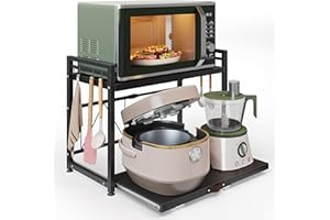 NETEL Soporte Extensible para microondas de 2 Niveles, Soporte microondas con cajones,estanteria Cocina encimera,Microwave Oven Storage Rack，Organizador microondas con 8 Ganchos, Negro