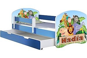 ACMA Letto per Bambino Cameretta per Bambino con Materasso Cassetto II BLU (02 Il nome Animaletti,160x80 + Cassetto)