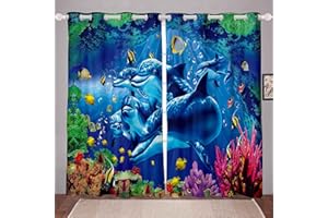 LKCD Verdunkelungsvorhang Für Kinderzimmer - Delfin Meereslebewesen 300X270Cm Thermovorhang, Blickdichter Vorhang Mit Schlaufen, 2Er-Set Gardinen, Blickdicht