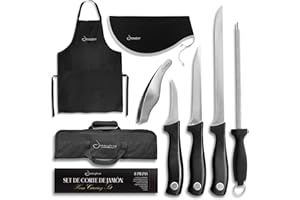 JAMONPRIVE Set De Couteau A Jambon Cru - Mallette Couteaux De Cuisine De Couteaux, Couteau à Jambon, Couteau à Désosser, Couteau à éplucher, Fusil A Aiguiser Diamant, Pince, Tablier Et Couteau A Jambon