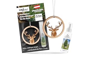 ‎SAGL.TIROL HOLZMANUFAKTUR sagl.tirol Auto Duft aus Zirben Holz [100% Bio] inkl. Zirben Raum Parfüm 5ml I verschiedene Motive I natürlicher Auto Duftbaum I Auto Duft Innenraum I Auto Lufterfrischer I Autoduft I Hirsch