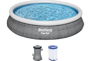 Bestway Fast Set Aufstellpool-Set mit Filterpumpe Ø 457 x 84 cm, Rattan-Optik (Schiefergrau), rund