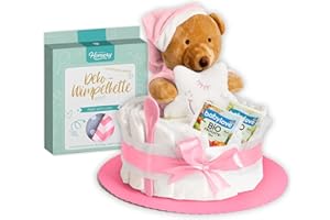 ‎HOMERY Windeltorte in Rosa mit Kuscheltier und Stoffgirlande für Mädchen, Geschenke zur Geburt für die Mutter, Taufe oder Baby-Party - Geschenkidee mit neugeborene Windeln - Inklusive Glückwunschkarte