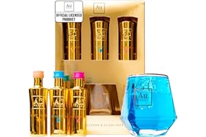 BEAMS INTERNATIONAL Au Vodka Gift Set - Blue Raspberry, Juicy Peach & Pink Lemonade Flavoured Vodka 5cl Minis & Diamond Cut Gold Glass - Official Licensed - Christmas, Birthday Gifts for Men and Women - Alcohol Gift Set