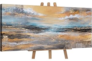 YS-Art Large Pictures Colourful on Canvas with Gold Accents Abstract Beautiful Acrylic Pictures Painted Hand-Painted Wall Picture Acrylic Painting Modern Home Decor Pictures Office Real Art 45x20 inch