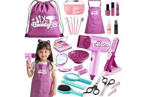G.C Set Coiffure Enfant Jouet Fille 3 4 5 6 7 Ans, Kit Coiffure avec Sèche Cheveux Lisseur Miroir Sac à Cordon Ciseaux Tablier Accessoires de Coiffure, Kit Coiffure Maquillage Jouet Cadeau Noël Fille