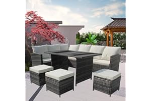 GadgetHaven 10 Seater All-Weather PE Rattan Garden Furniture Set with Retractable Chairs, UV Resistant & Removable Cushions for Patio, Garden, or Conservatory (Mixed Grey+Light Cushions)