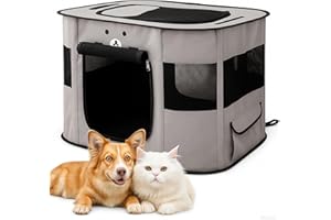 ALLSOPETS Welpenauslauf Faltbarer Laufstall Hund Katze, Tragbarer Welpenlaufstall Hundebox Freigehege mit Tragetasche für Innen, Außen, Reisen und Camping (Aschgrau, L)