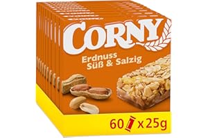 ‎CORNY Müsliriegel | Corny Classic Erdnuss Süß & Salzig | Mit leckeren gerösteten und gesalzenen Erdnüssen | Multipack 60x25g