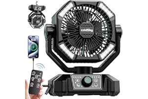 coldSky 𝟮𝟬𝟬𝟬𝟬𝗺𝗔𝗵 Camping Fan with Dual Motor, Battery Operated Fan with 4 LED Lantern, 8 Speeds Desk Fan with Remote, Portable Outdoor Fan with Hook for Tent, Power Outages, Jobsite (Green)