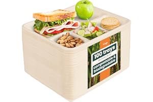 HAAGO 100 Piatti a 5 Scomparti 26×21cm - Monouso Biodegradabili & Compostabili in Bagassa - Vassoio Rettangolare con Divisori per Buffet, Sagre, Feste, Picnic
