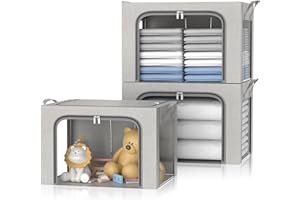 FUSACONY Clothes Storage Bag, 3 Pcs Large Storage Boxes with Lids Foldable Wardrobe Storage Organiser with Steel Frame & Three Clear Windows for Blankets,Bedding,Comforters, Grey (66L)