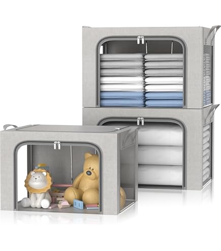 FUSACONY Kastorganisatoren en opslag, opvouwbare Oxford doek stalen frame doos, 2 stuks, helder venster en draaggrepen, waterdicht, kan kleding met grote capaciteit, beddengoed, dekens, grijs (100L