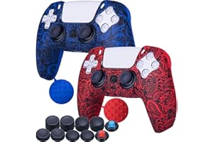 9CDeer 2 Pieces of Silicone Transfer Print Protective Cover Skin + 10 Thumb Grips for Playstation 5 / PS5 Controller Foliage Red & Blue
