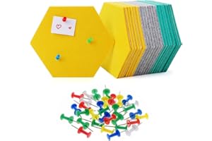 HonGien 21Pcs Hexagone Felt Pin Board, Self-Adhesive Notice Boards, Self Adhesive Bulletin Tiles with 30 Multi-Color Push Pins for Home Office DIY Wall Decor, 17.5x15cm (Lake Blue/Yellow/Grey)