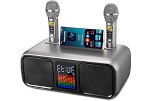 GJCrafts Karaoke Bluetooth con 2 Micrófonos Inalámbricos, Karaoke Profesional Completa con Pantalla Táctil/Luz LED/Soporte para Teléfono Celular, Altavoz de Karaoke con USB/Tarjeta TF/AUX(Plata)