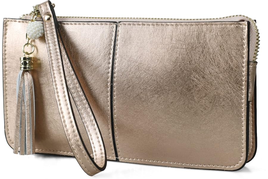 befen Genuine Leather Wristlet Bags Small Clutch Wallet Cell Phone Bag Ladies Purse and Handbag with Tassel Wrist Strap & Card Slots, Zip Pocket Coins Compartment