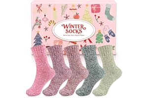 Airabc Thermal Winter Women Socks 5 Pairs Wool Warm Knitting Ladies Socks Vintage Style Soft Cotton Thick Woman Bed Sock Multicoloured for Home Office School Hiking, Ideal Christmas Gifts for Women