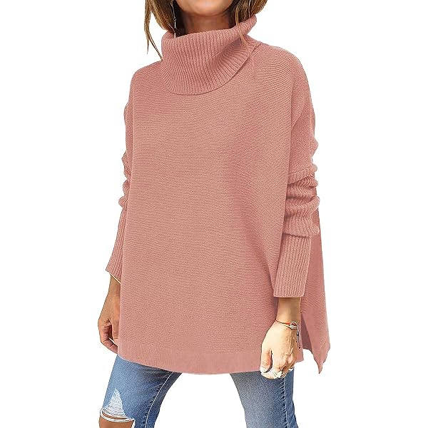 LILLUSORY Women's Oversized Mock Turtleneck Sweater - Long Sleeve Split Hem Tunic Top, Light Apricot, Small