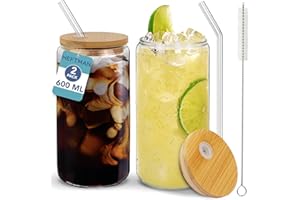 HEFTMAN Vasos de vidrio con tapas y popotes, paquete de 2 vasos vacíos con forma de lata de 600 ml con tapas herméticas de bambú, pajitas de vidrio