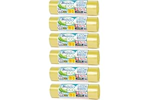 Bottari 60 Sacchi Immondizia 110L 70x110 cm con Laccetti di Chiusura, Gialli, Raccolta Differenziata Secco, Sacchi per Spazzatura Resistenti e Riciclati, 6 Rotoli da 10 Pezzi