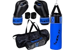 MOVIT Set de Sac de Boxe 5,5kg, rempli, y Compris Sac de Boxe, (Hauteur 60cm x diamètre 20cm), Gants de Boxe 8 oz, Bandages de Boxe et Sac, pour Enfants et Adolescents, Boxing Boxing, Rouge ou Bleu