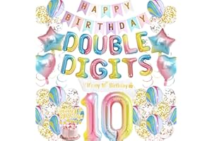 AURMONIGO Rainbow 10th Birthday Decorations for Girls - 74 Pieces Double Digits Theme Includes Banner, Number 10 Foil Balloons, Hanging Swirls, It’s My Birthday Sash, for 10-Year-Old Birthday Party Supplies