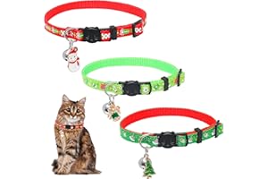 SUNWUUN 3 Pack Christmas Cat Collars with Bell,Breakaway Christmas Safe Quick Release Cat Collar,Adjustable 18-27cm Kitten Collars Pet Supplies,Puppy Accessories,3 Cat Collars+3 Xmas Charm Pendants+Bells
