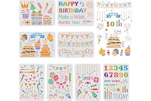 FINGERINSPIRE 8 stencil a tema “compleanno” per disegnare e dipingere 29,7x21cm per creare decorazioni per feste di compleanno. Per pittura su legno, parete e tessuto