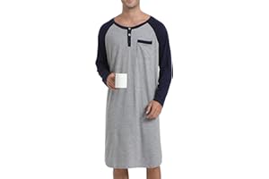 Enjoyoself Męska bawełniana piżama z długim rękawem, oddychająca koszula nocna na wiosnę, jesień, zimę, odzież szpitalna