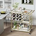 DAWNYIELD 3 Tier Mobile Drinks Trolley Bar Serving Cart on Wheels with Wine Rack and Glass Holder Modern Rolling Drinks Storage Trolley for Home Kitchen Party Bar (Gold)