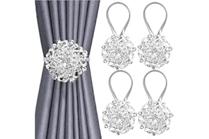 BOCHION Curtain Tie Backs, 4 Pack Sparkling Magnetic Curtain Tiebacks, Crystal Window Curtain Decorative Clips, Drapery Holdbacks With Stainless Spring Wire, No Drilling For Home Hotel Office (Silver)